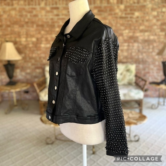 Akira Ammo Rhinestone Jacket L Black Faux Leather Rocker Chic - Picture 7 of 16